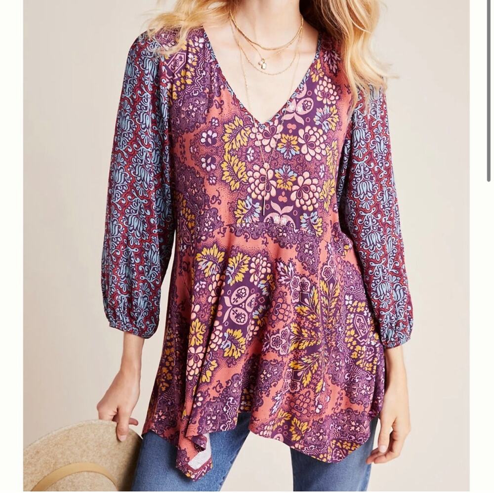 Anthropologie Maeve Top Womens XS Mariella Purple Boho Bohemian Floral Oversize